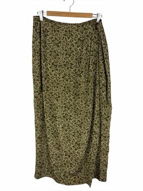 Galinda Olive Green Floral Faux Wrap Midi Skirt 100% Silk Size 10